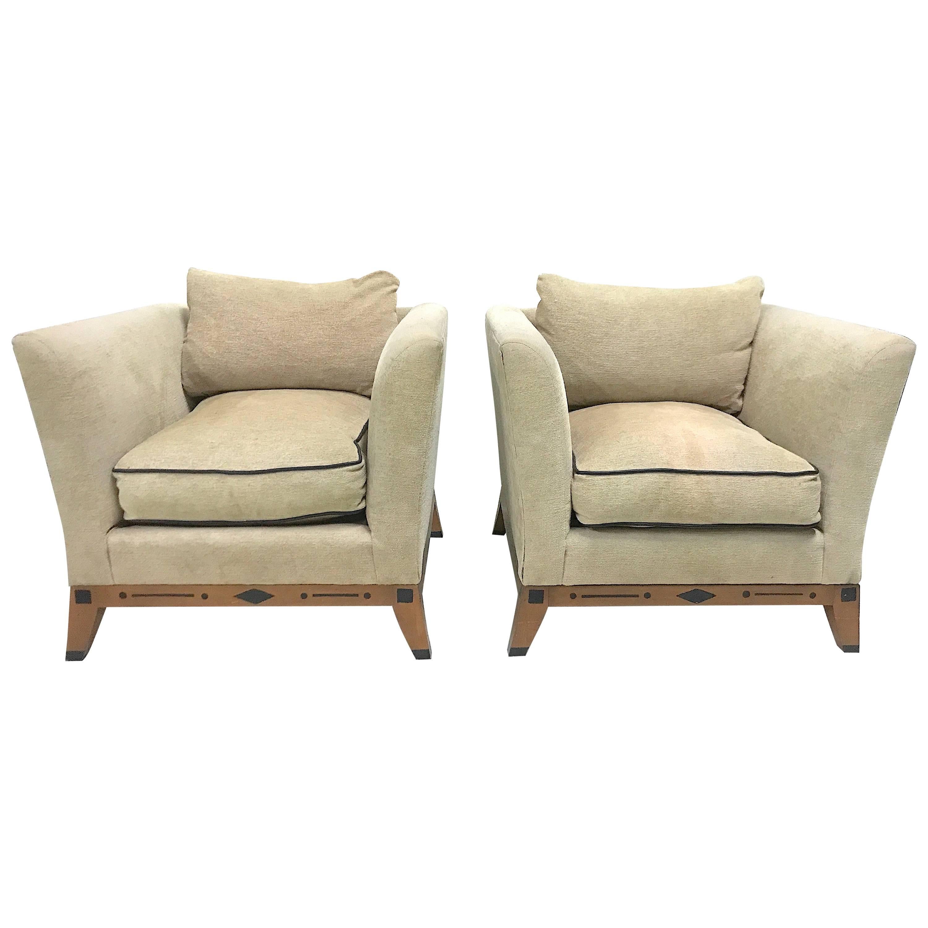 Vintage Contemporary Biedermeier Lounge Chairs, Donghia Linen Chenille/Leather For Sale