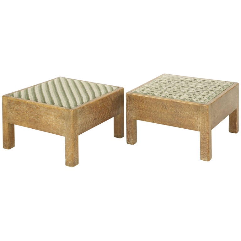 Gordon Russell of Broadway Pair of Arts & Crafts Oak Stools with Original Fabric For Sale