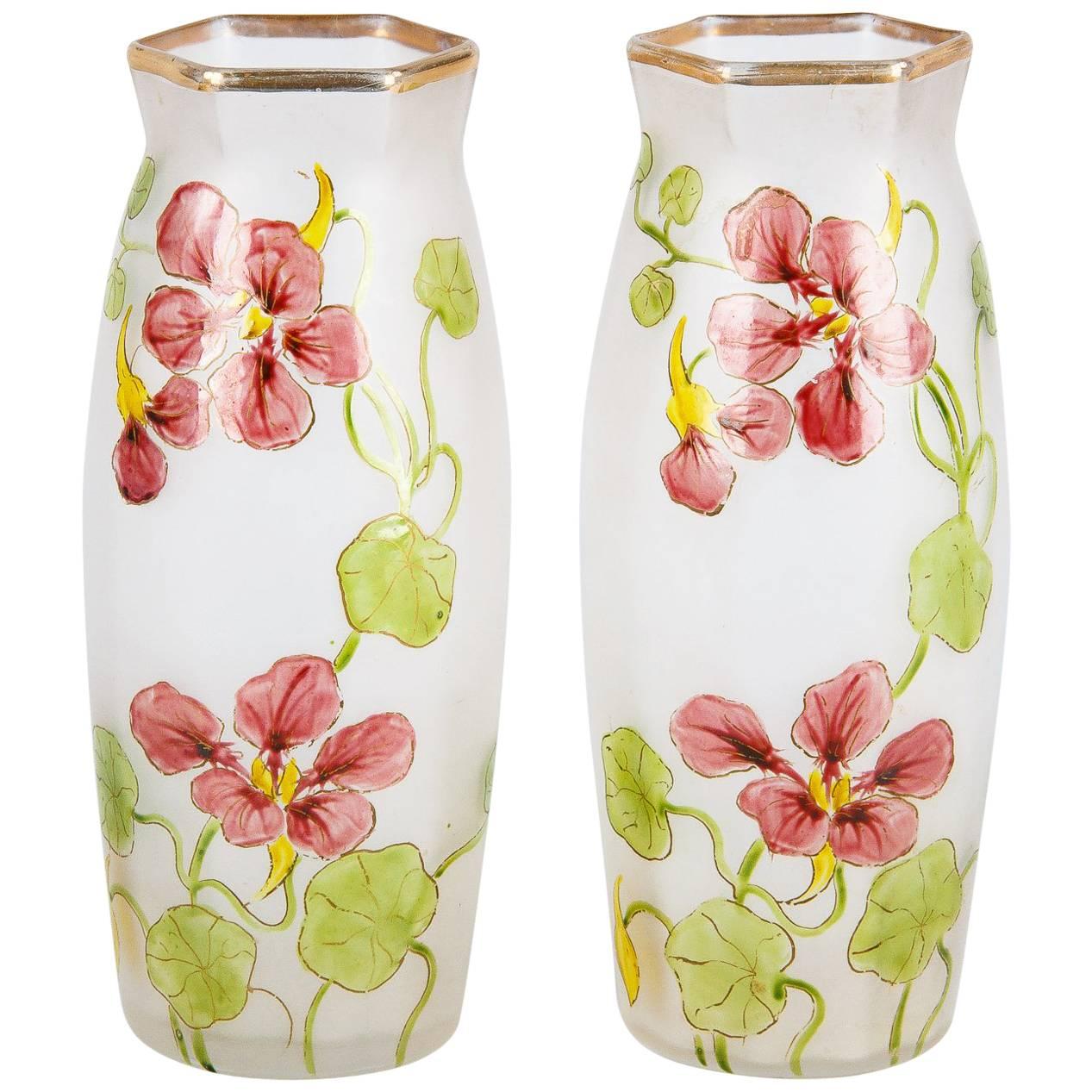 Pair of Hand-Painted French Art Nouveau Glass Vases, 1900s