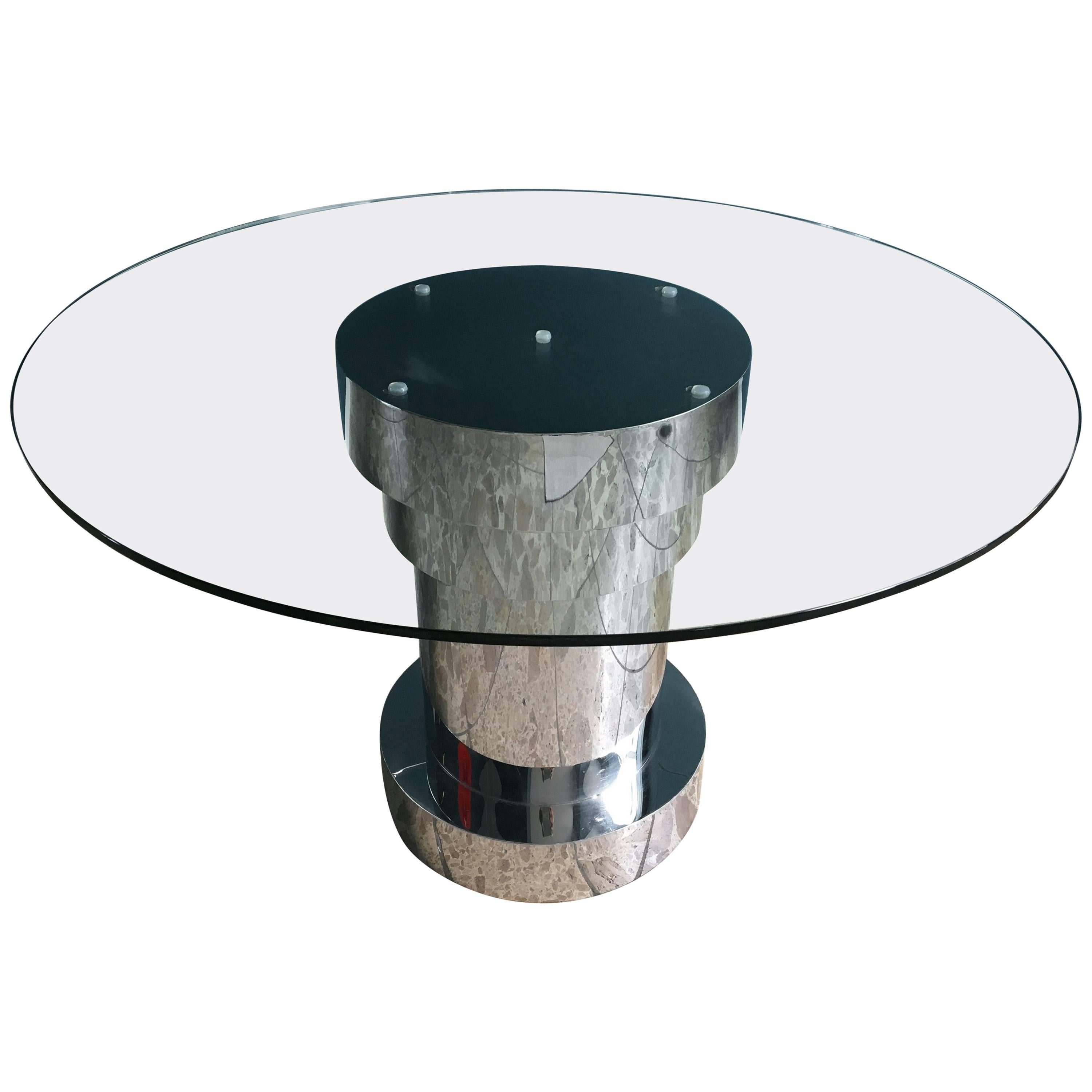 Modern Italian Dining Table with Circular Glass Top and Metal Clad Base, 1980s