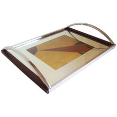 English Art Deco Chrome, Rosewood, Mirror with Polychrome Veneer Cocktail Tray