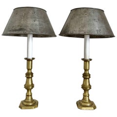 Pair of Brass Candlestick Lamps with Zinc Shades