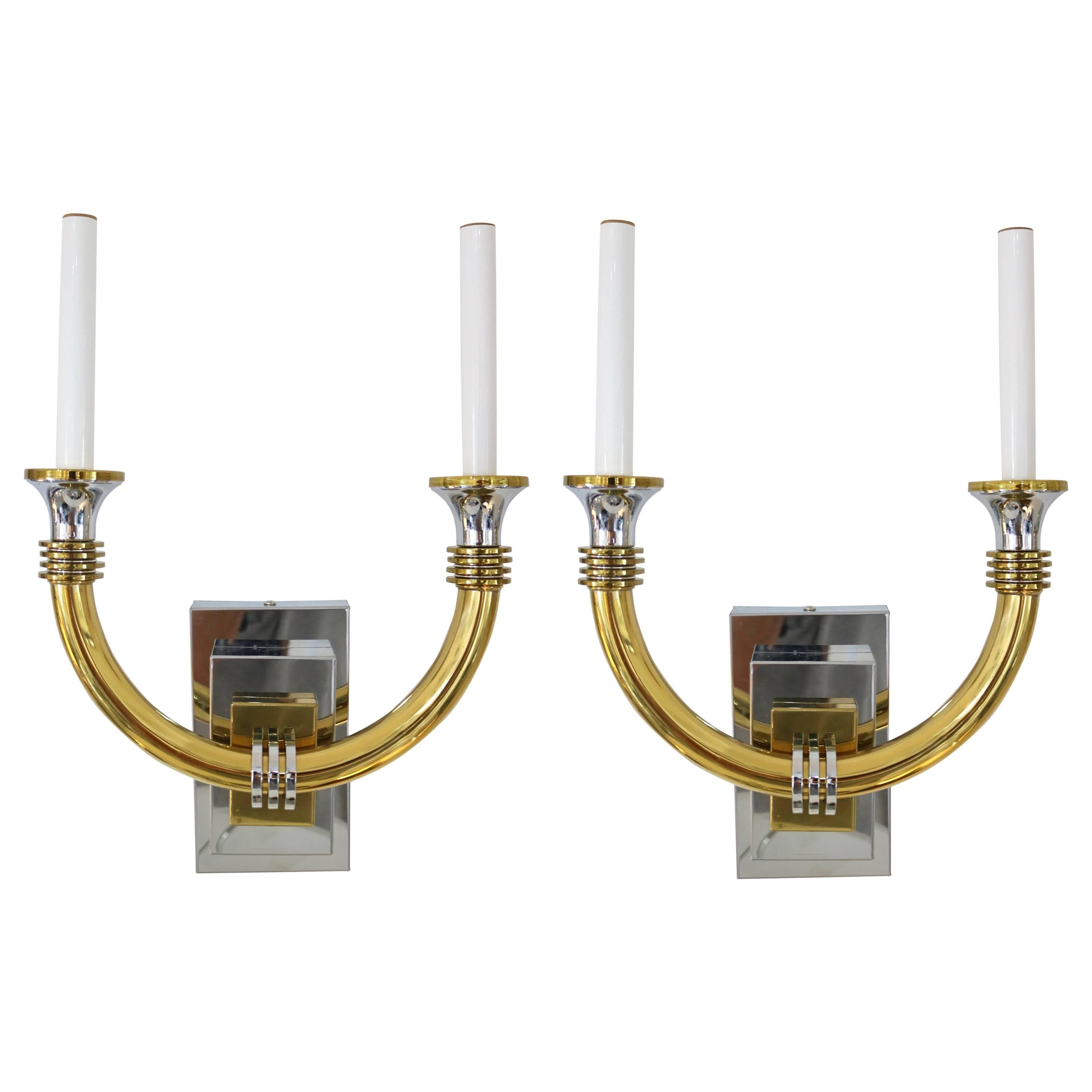 Pair Art Deco Style Wall Sconces in Polished Chrome and Brass