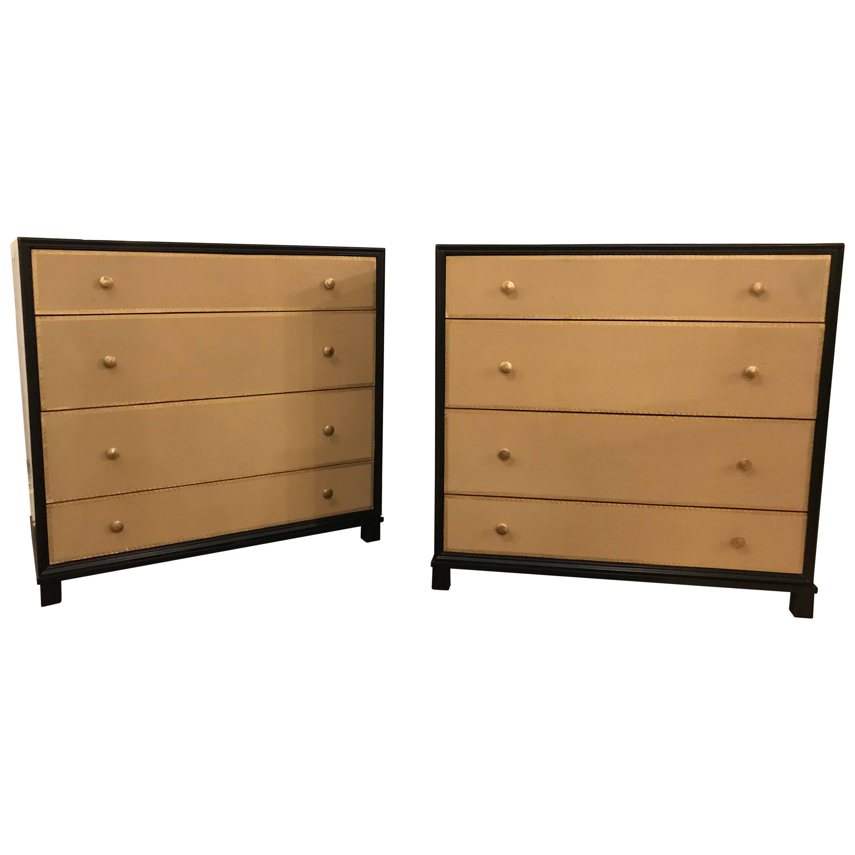 Pair of Tommi Parzinger Style Four-Drawer Leather Front Chests