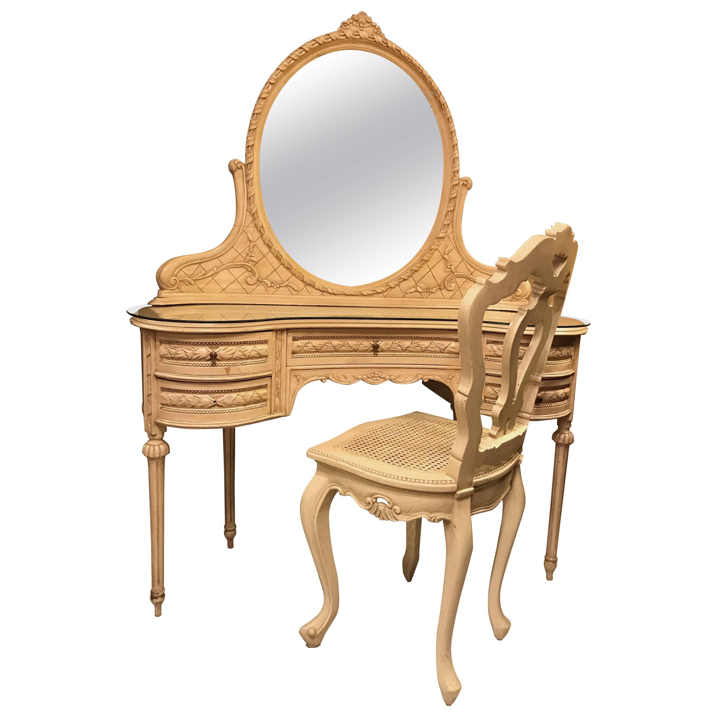 Hollywood Regency Vanity Desk with Mirror and Chair in Swedish Fashion