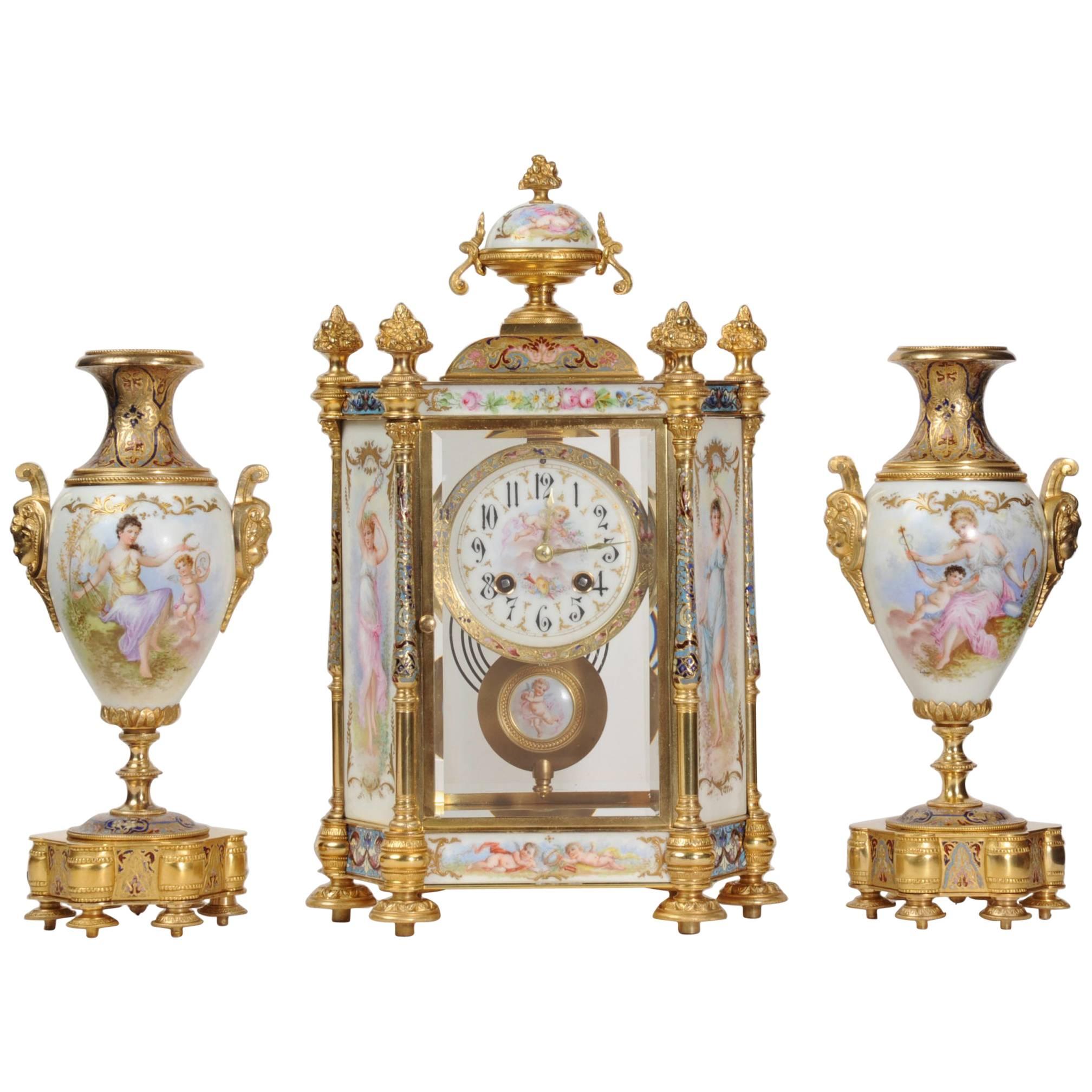 Sèvres Porcelain and Champlevé Enamel Clock Set