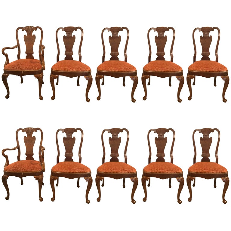 Set of Ten Queen Anne Style Dining Chairs, Pair of Arm and Eight Side