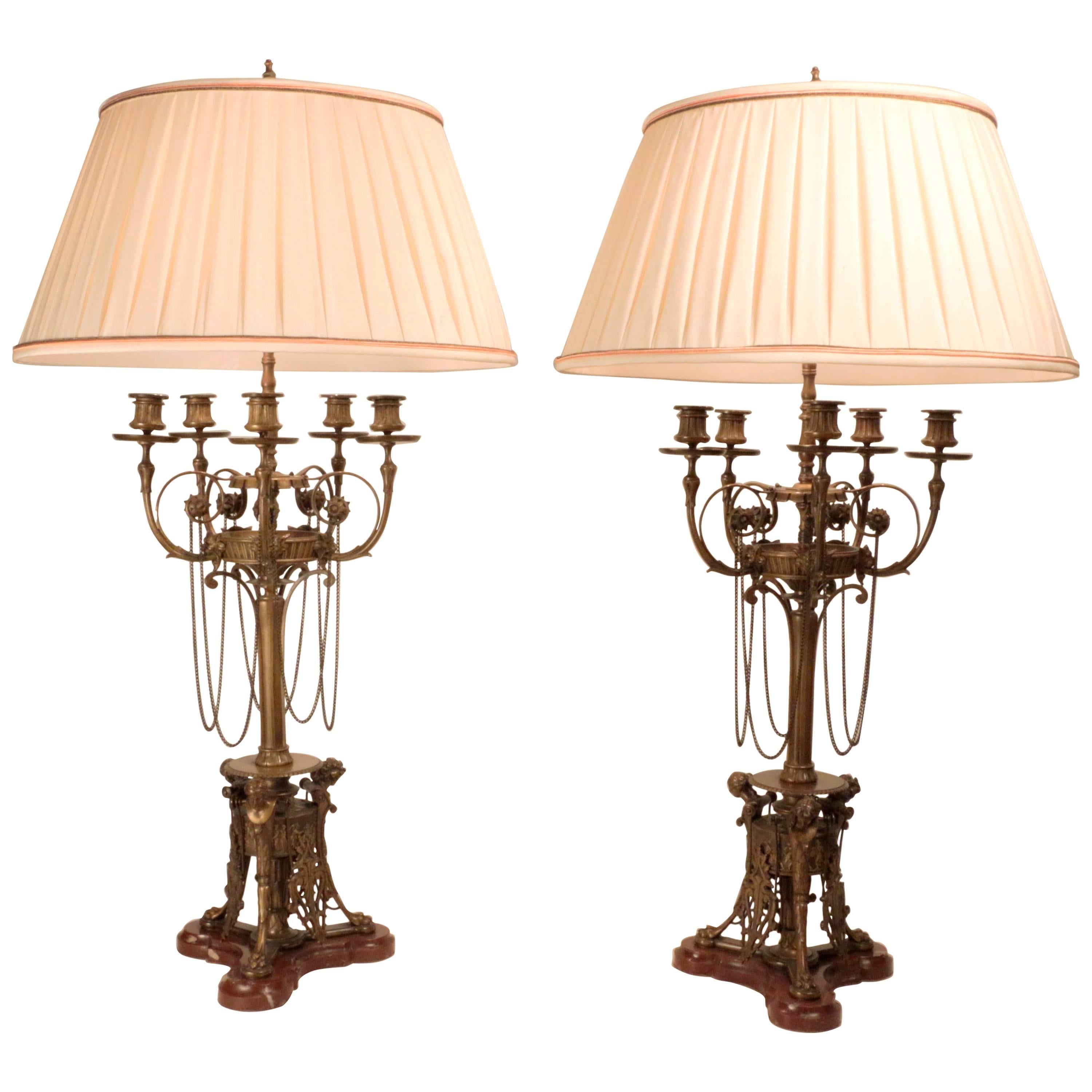 Pair of Renaissance Revival Five-Arm Candelabra Mounted as Lamps