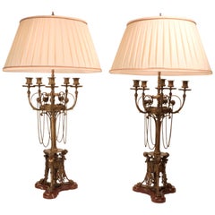 Pair of Renaissance Revival Five-Arm Candelabra Mounted as Lamps