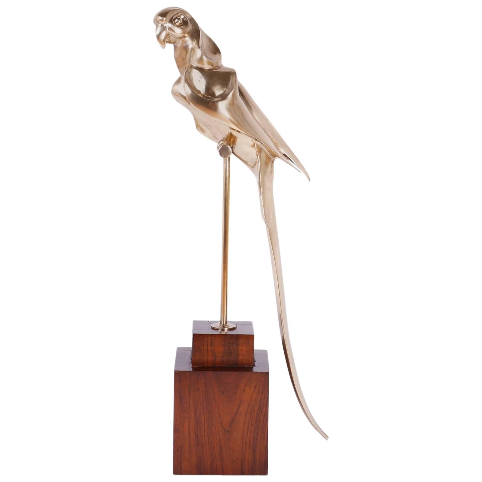 Art Deco Cast Brass Macaw Bird Sculpture For Sale