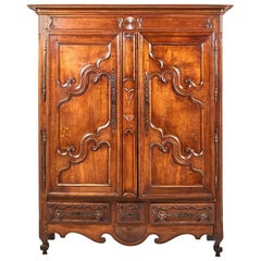 Antique French Country Carved Oak Two-Door Armoire, circa 1850