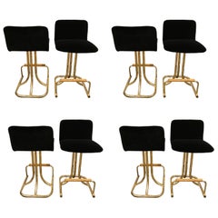Set of Eight DIA Mid-Century Modern Black Velvet, Brass and Wood Bar Stools 2