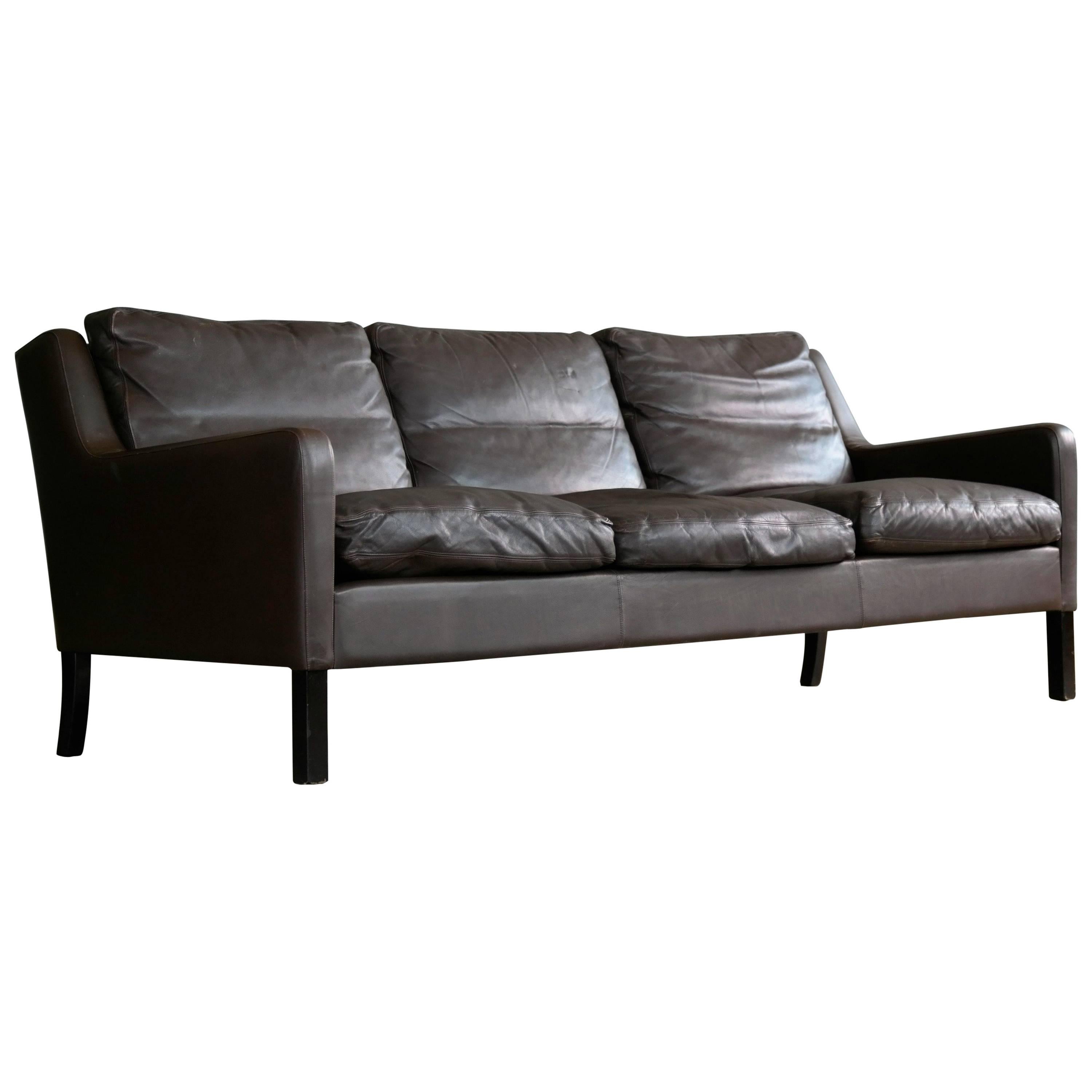 Georg Thams Børge Mogensen Style Sofa in Dark Mocha Colored Leather