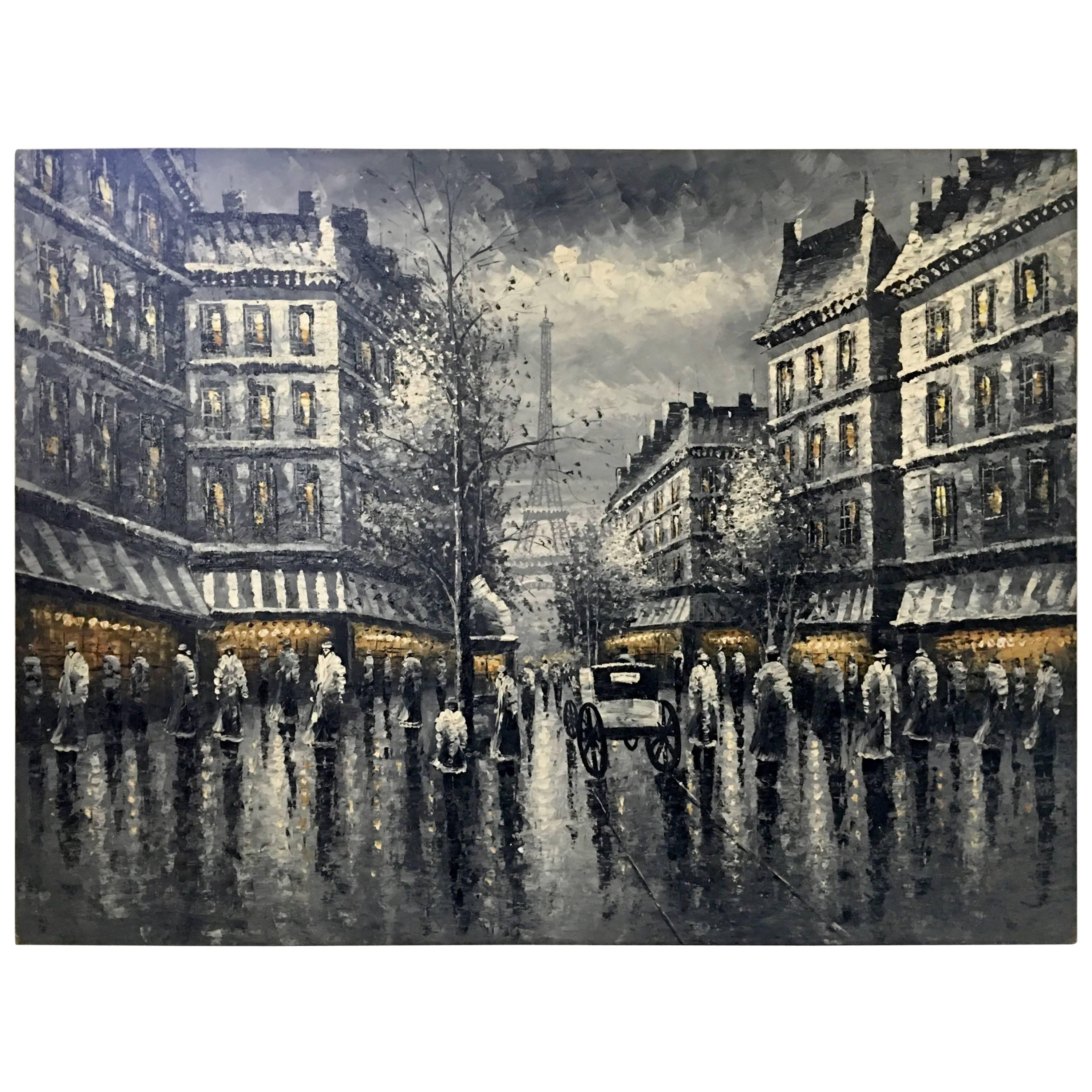 Mid-Century Modern Large Scale Original Oil on Canvas Painting "Paris at Night" For Sale
