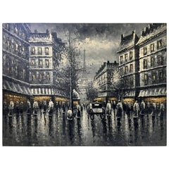 Mid-Century Modern Original Oil on Canvas Painting "Paris at Night"