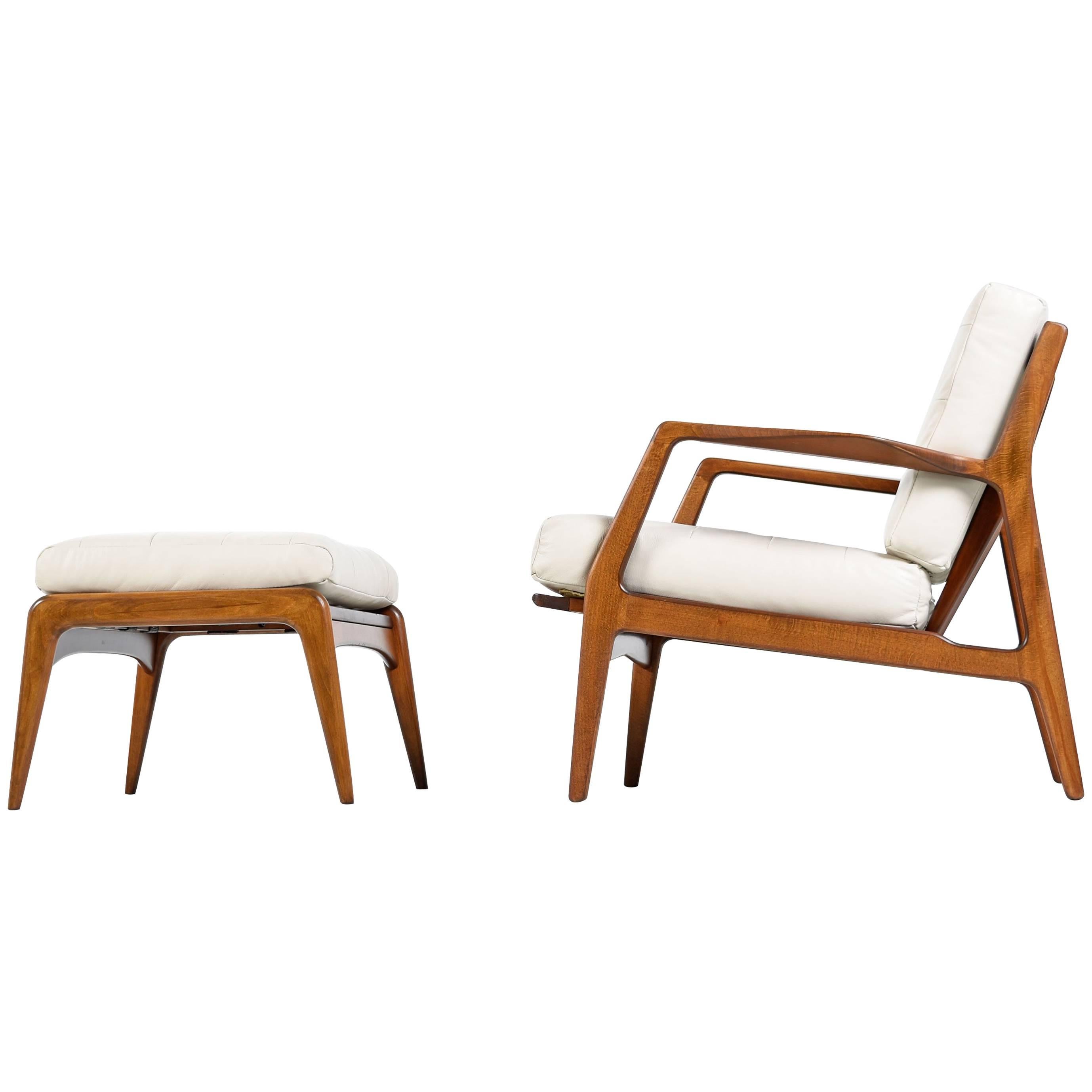 Ib Kofod-Larsen Bone / Ivory Leather Danish Chair and Ottoman