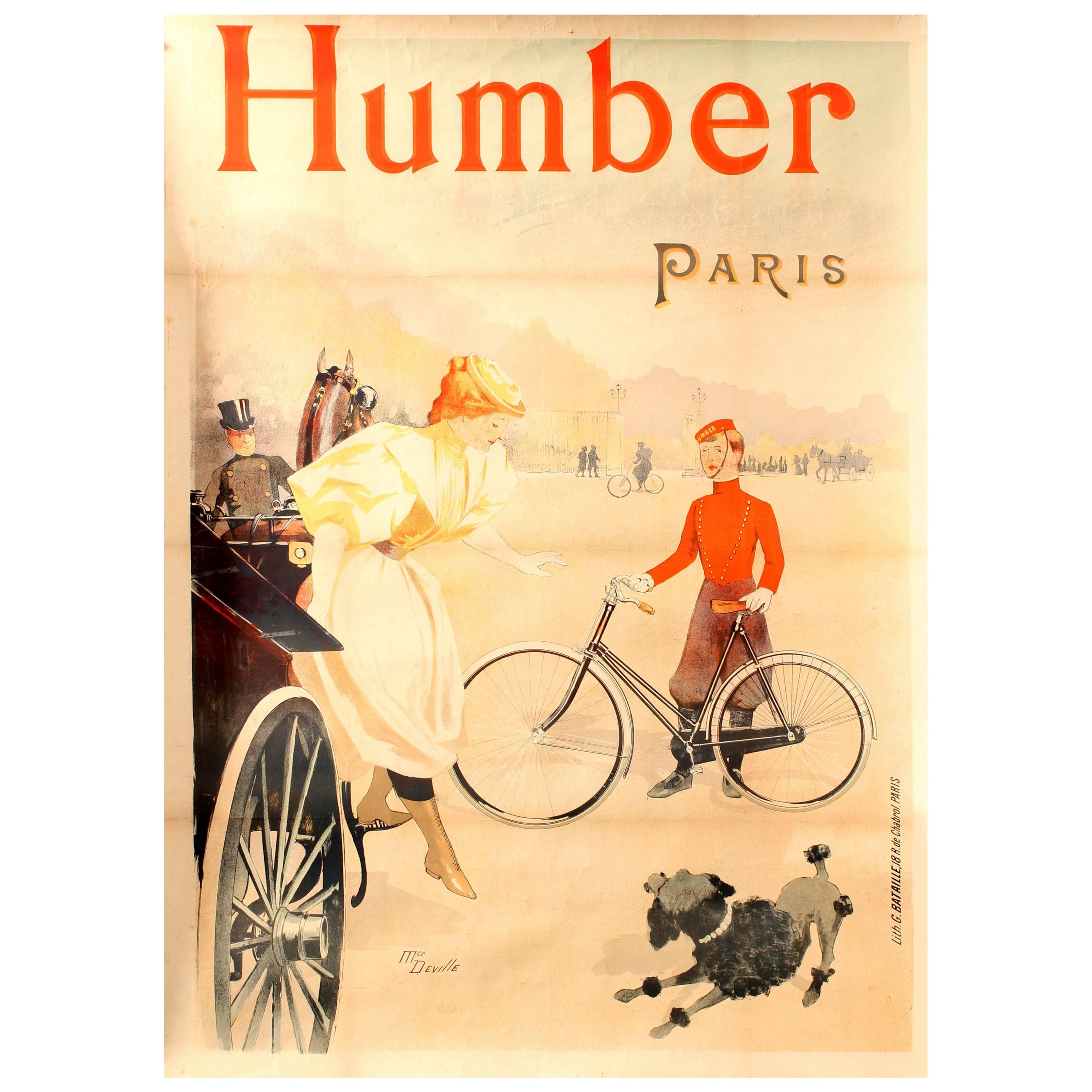 Large Original Antique Art Nouveau Cycling Poster for Humber Bicycles Paris