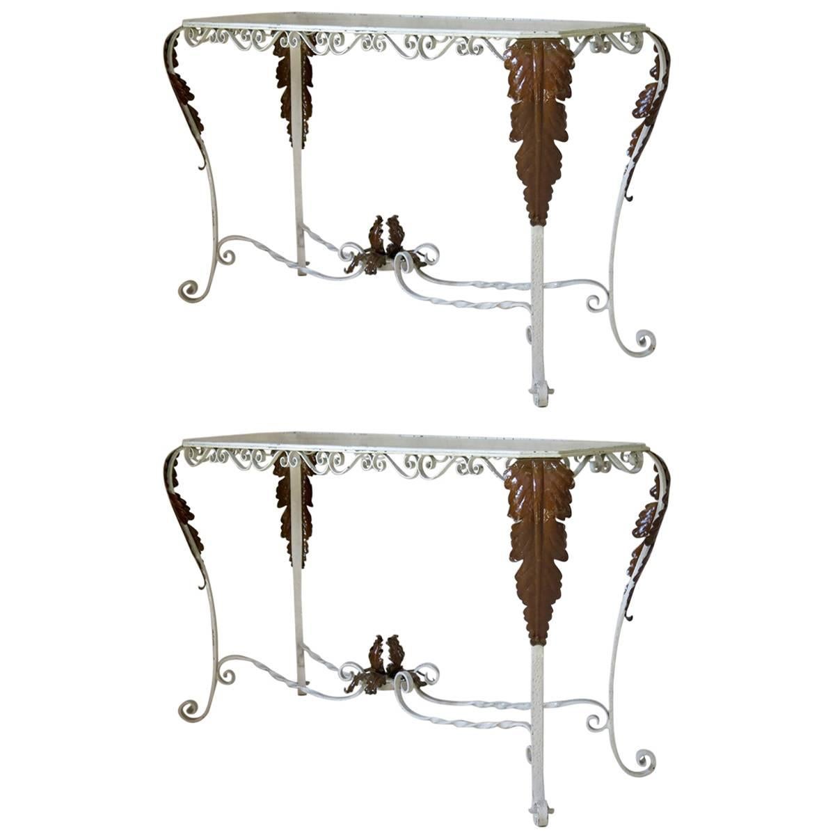 Pair of Elegant Iron Console Tables with Acanthus Leaf Motif, France circa 1940s For Sale