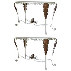 Pair of Elegant Iron Console Tables with Acanthus Leaf Motif, France circa 1940s