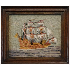 Early 20th Century Naive Ship Woolwork Antique Early 20th Century Naive Ship Woolwork