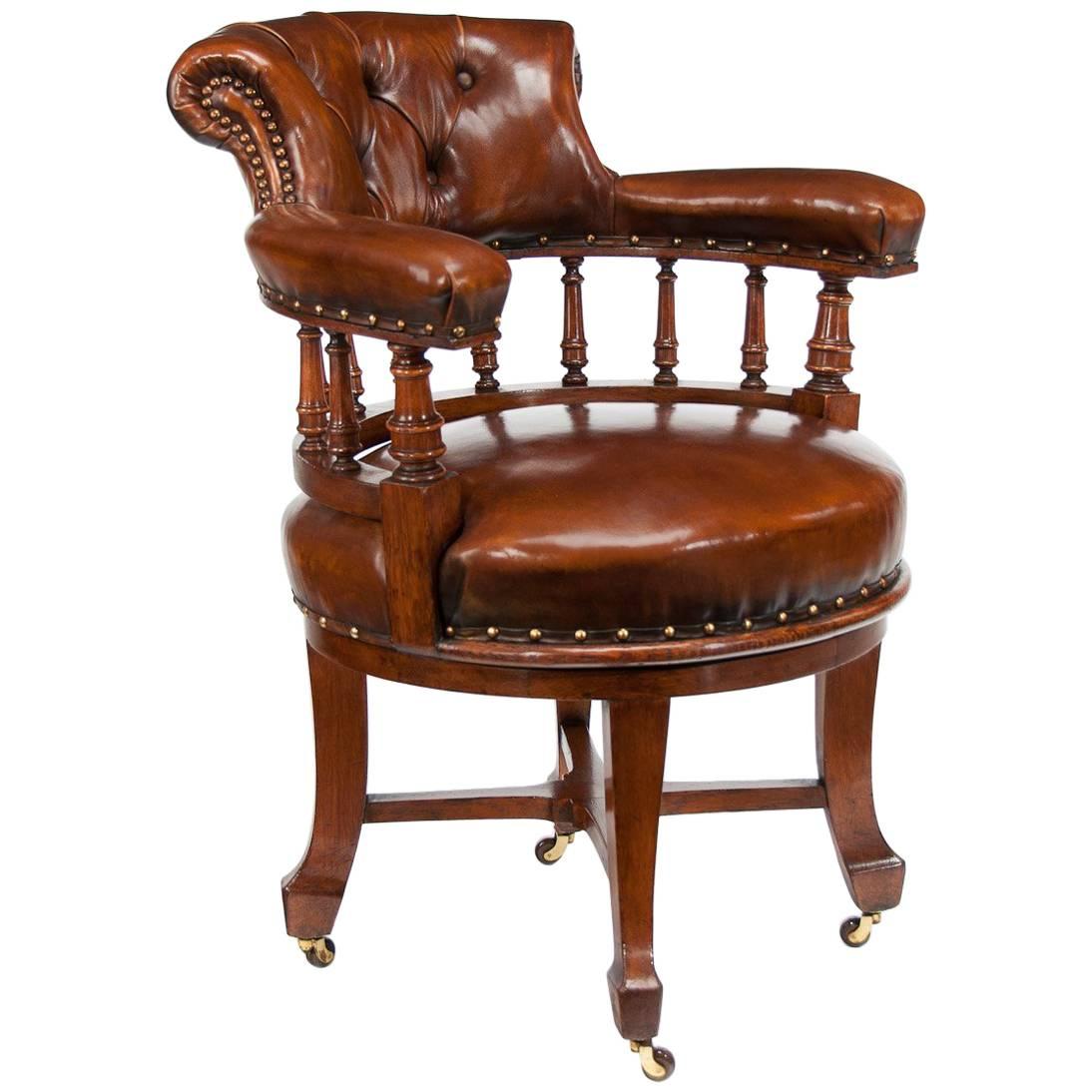 Quality Victorian Oak Leathered Revolving Desk Chair by S and H Jewell at 1stDibs