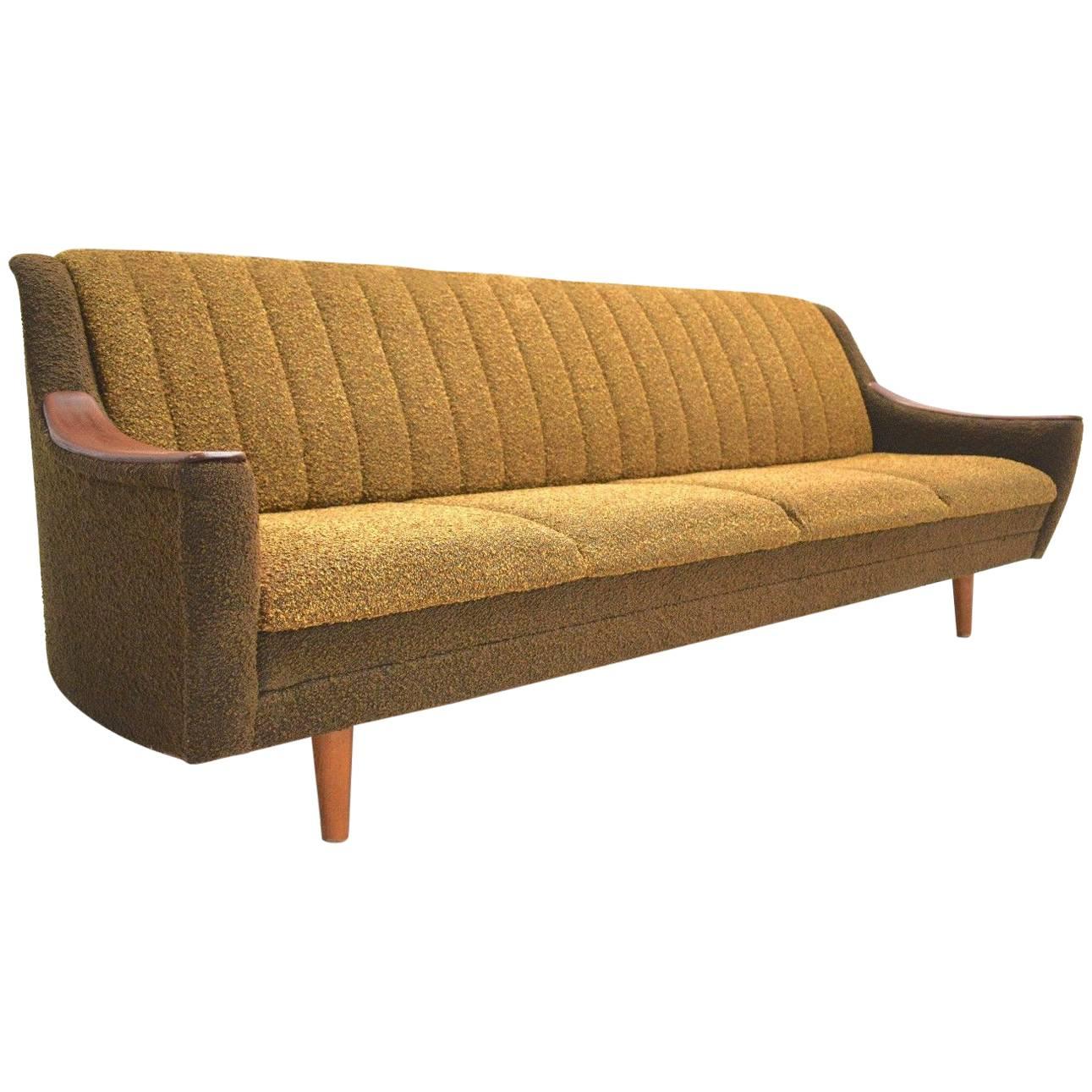 Norwegian Yellow and Brown Wool Four-Seat Teak Sofabed, Midcentury, 1960s