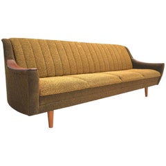 Vintage Norwegian Yellow and Brown Wool Four-Seat Teak Sofabed, Midcentury, 1960s