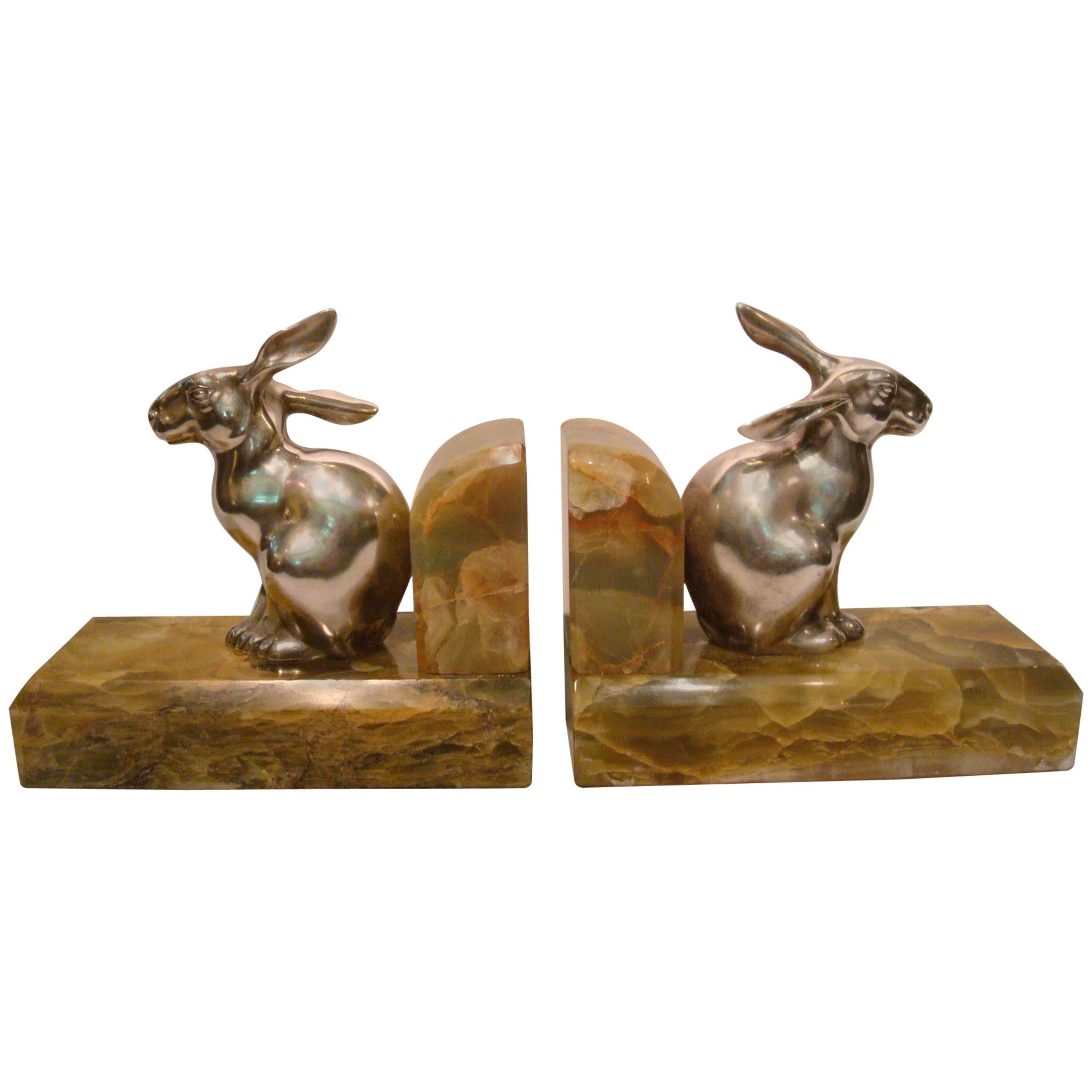 Art Deco Rabbit, Hare Silver Plated Bronze Bookends, A.E.L, 1920s