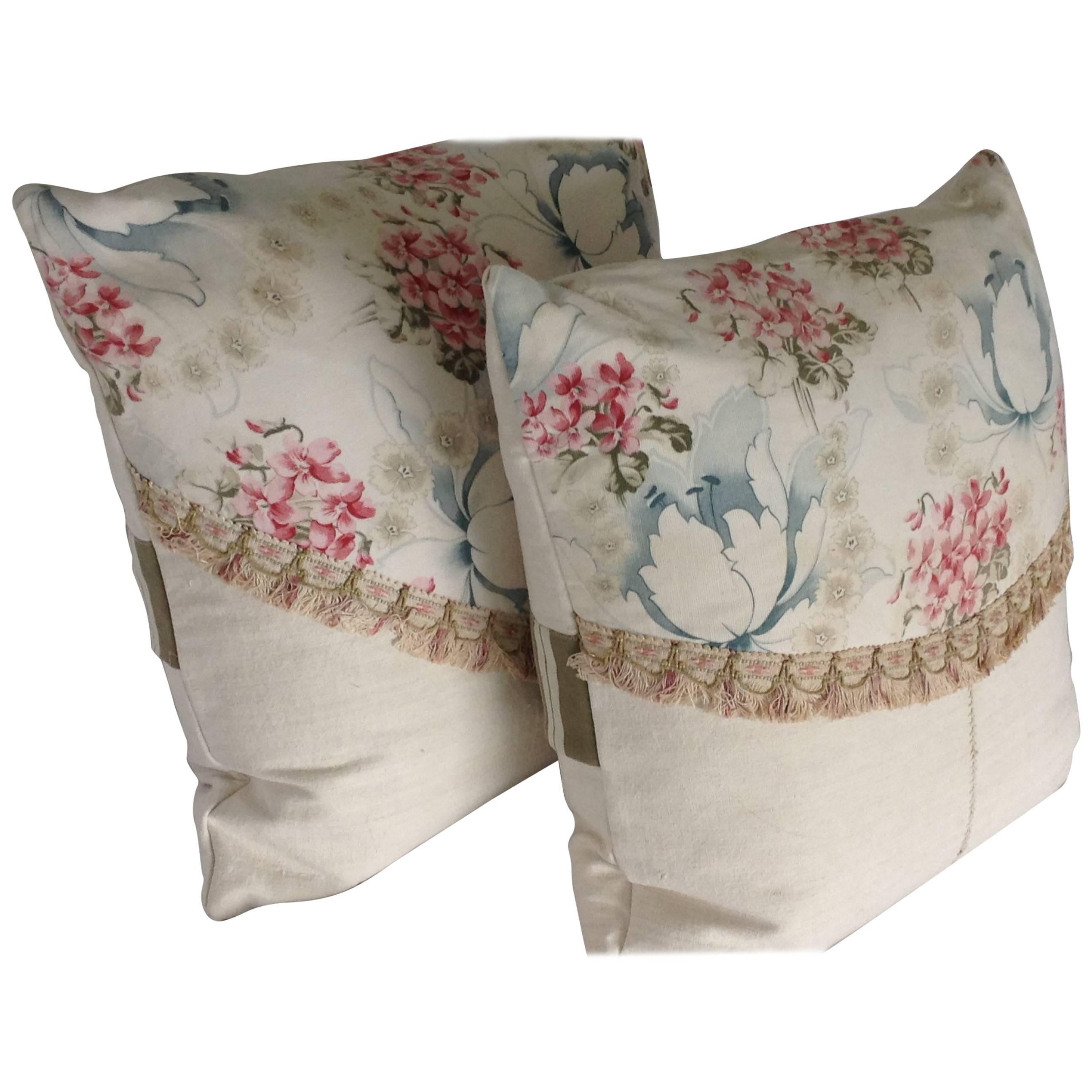 Pair of French Printed Cotton and Homespun Linen Pillows