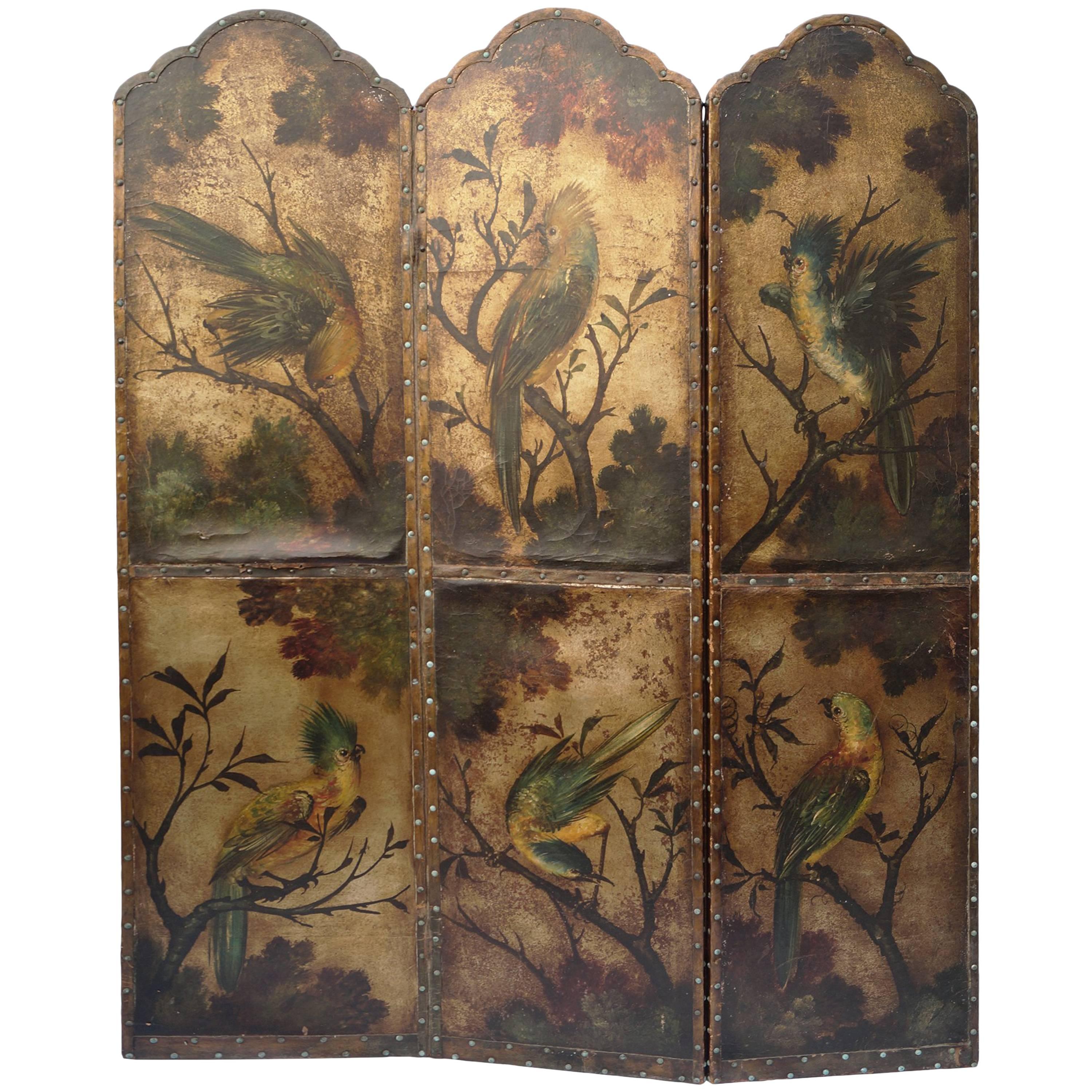 Leather Screen Gilded with Birds and Floral Decoration, England, 19th Century