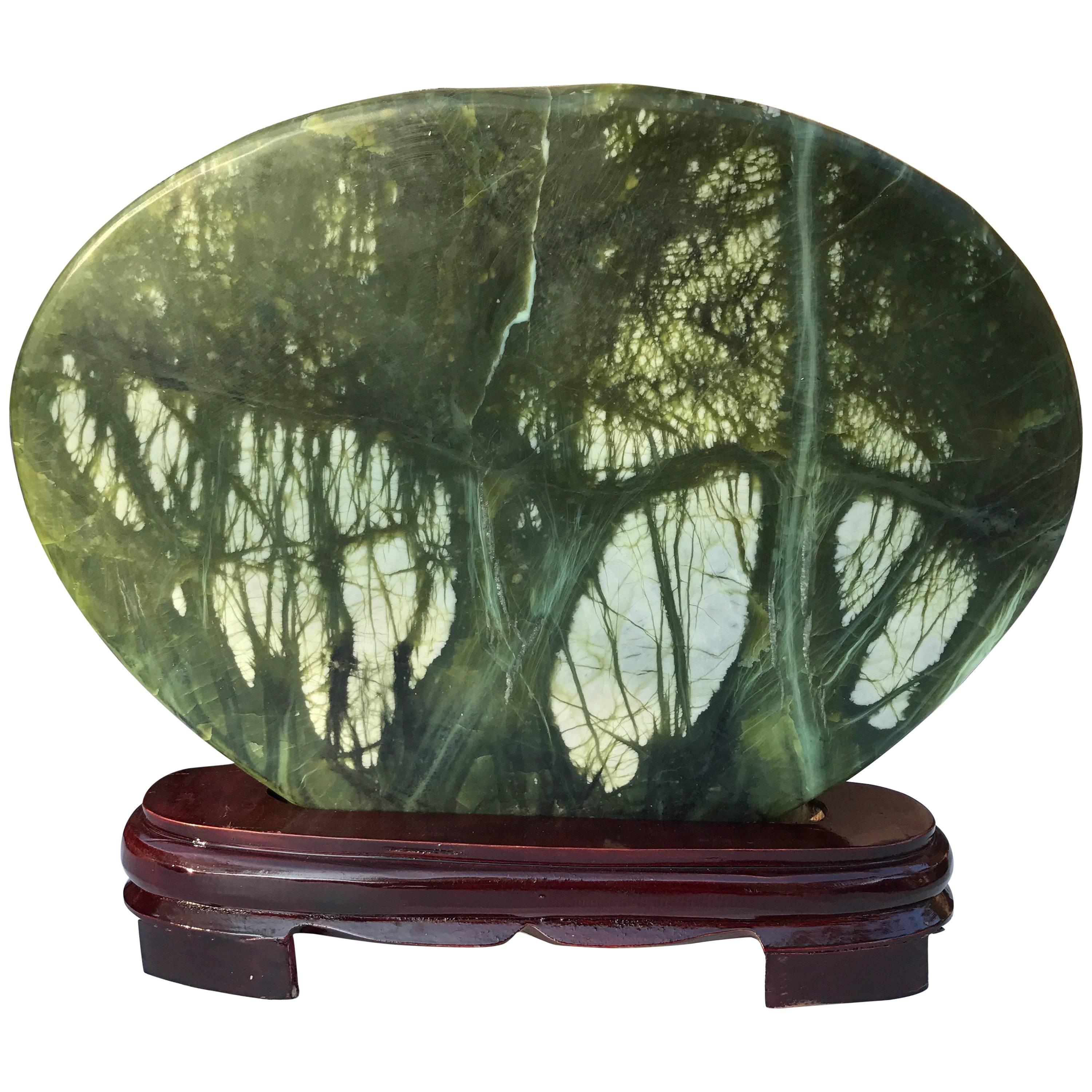 Fine New Year Gift: Chinese Large Green Trees Viewing Stone Custom  Wood  Base