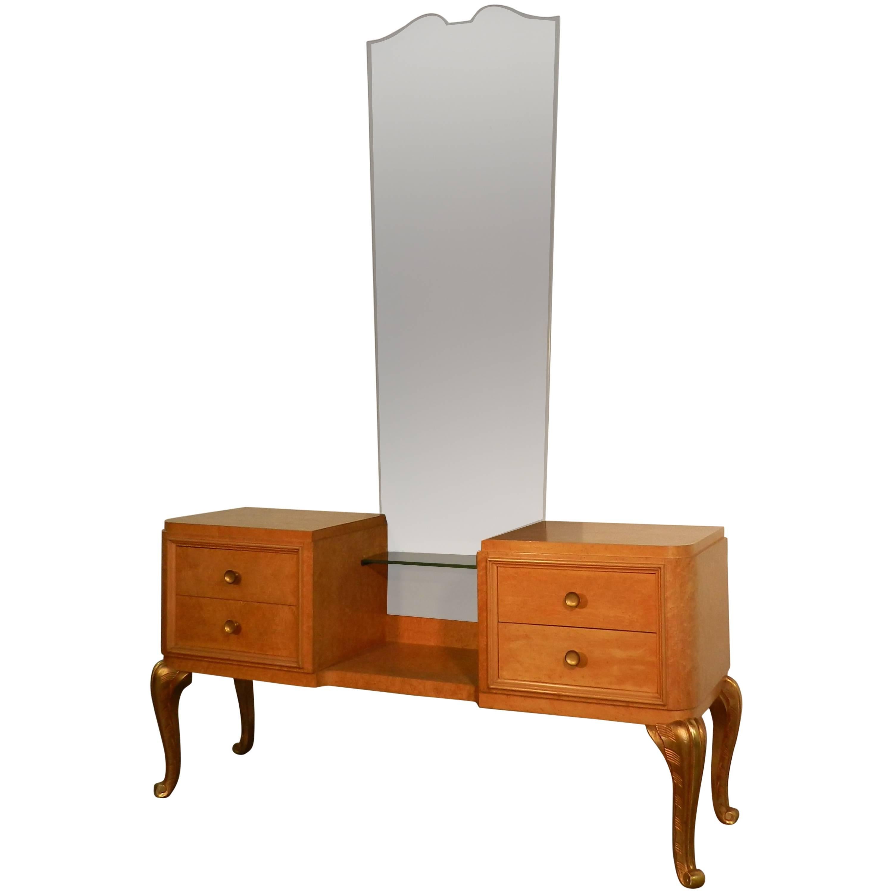 Maison Jansen, Art Deco Dressing Table in Lemon Tree and Gilt Metal For Sale