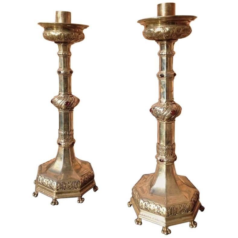 A Pair of Arts & Crafts Silver Plated Candle Sticks with Semi Precious Cabochons For Sale