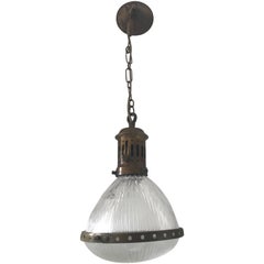 Small French Art Deco Holophane Glass and Brass Pendant Light Ceiling Lamp
