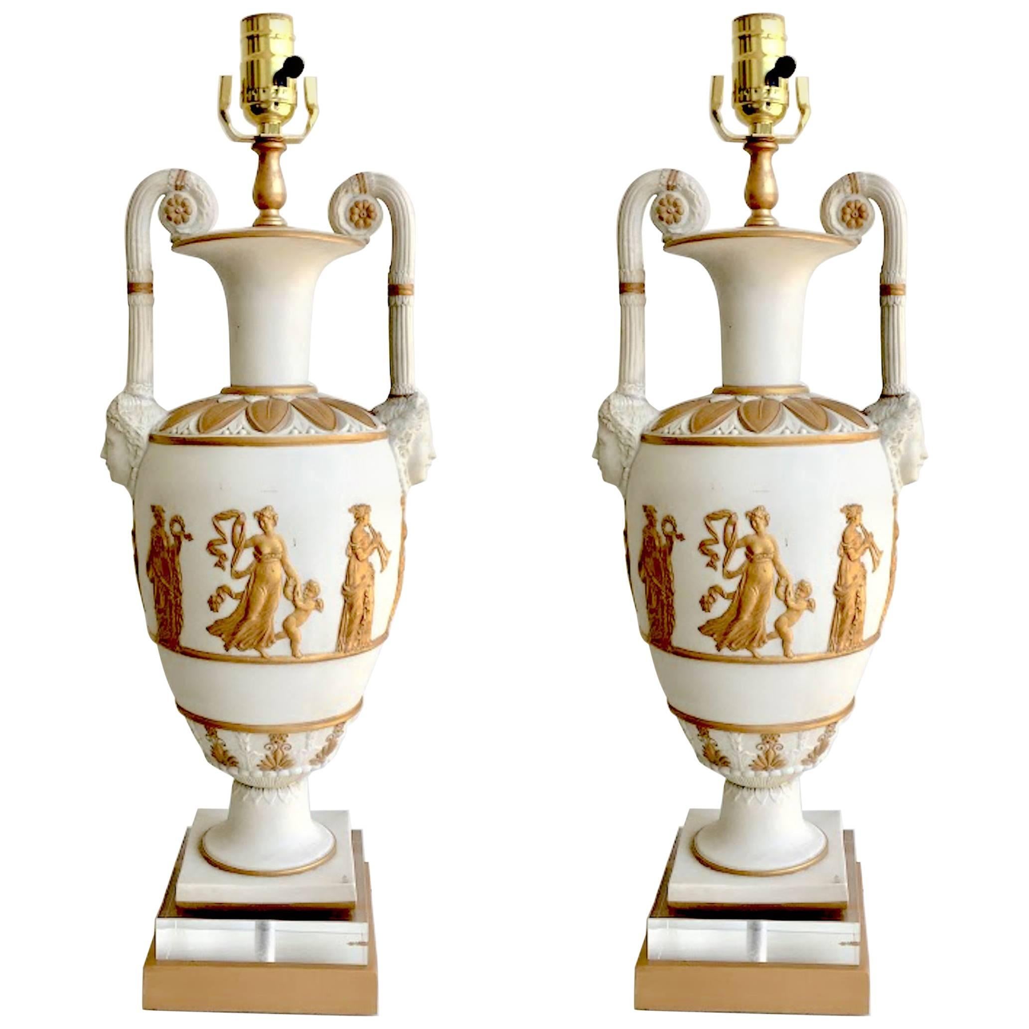 Pair of Neoclassic Continental White & Gilt Basalt Vases/ Lamps Possibly Danish