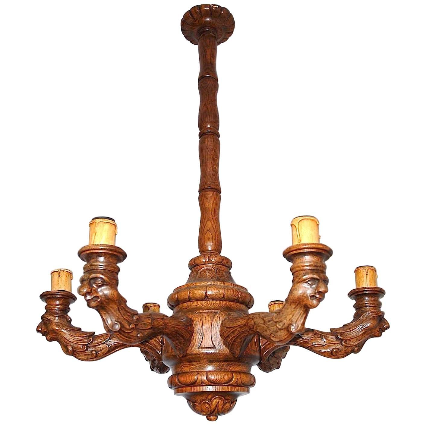 Antique and Large Top Quality Carved Oak Six-Light Sculpture Chandelier Pendant