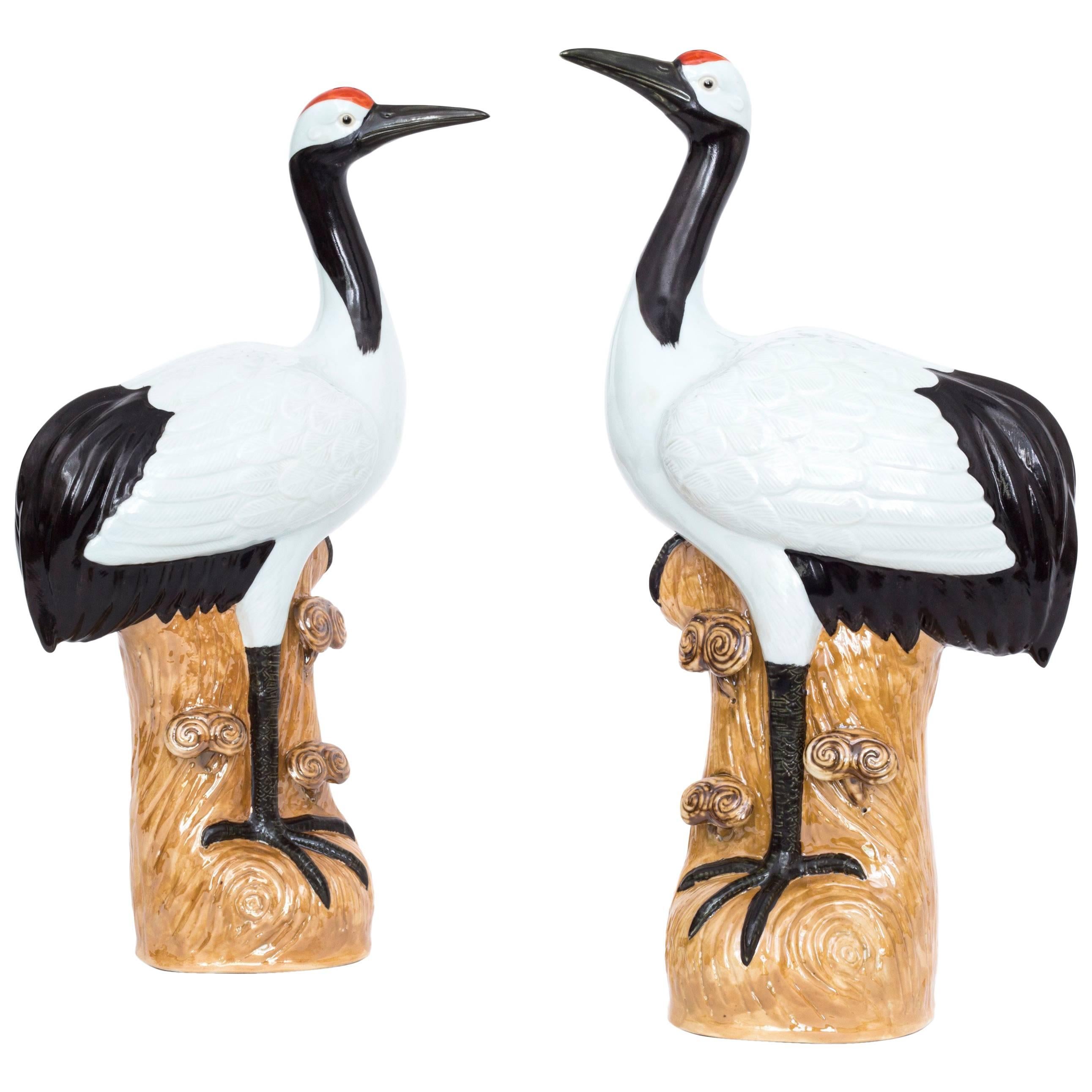 Massive Pair of Chinese Republic Period Glazed Porcelain Cranes