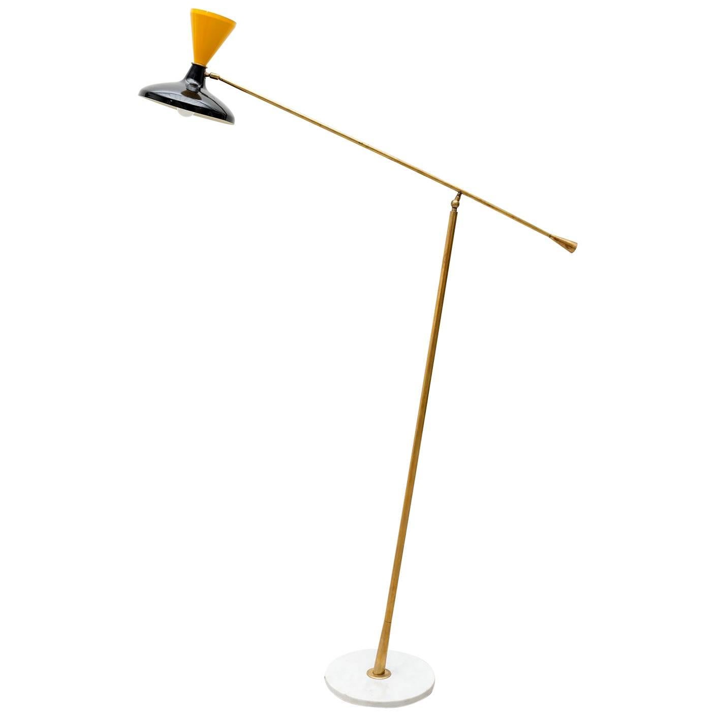 Brass Italian Floor Lamp with Yellow and Black Enameled Shade and Marble Base