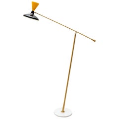 Brass Italian Floor Lamp with Yellow and Black Enameled Shade and Marble Base