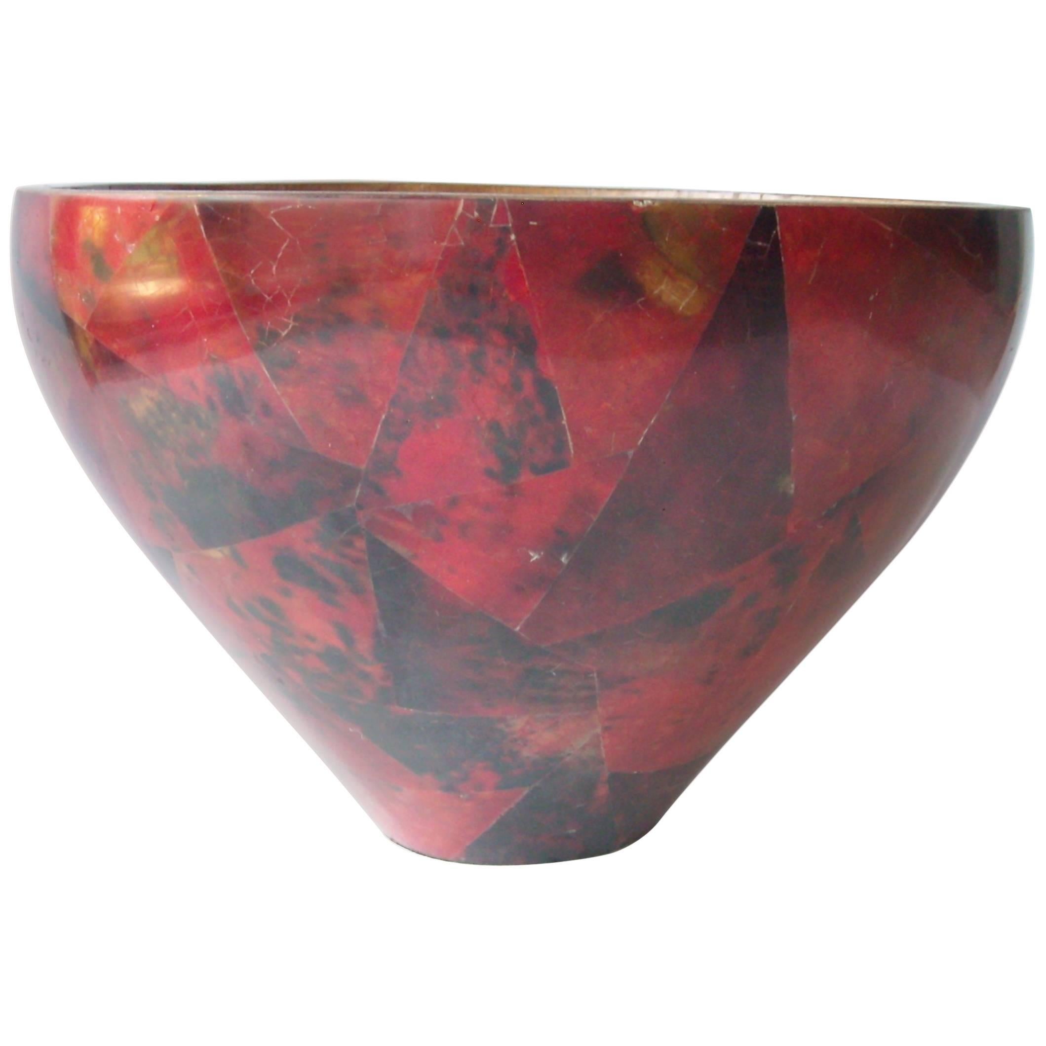R & Y Augousti Centrepiece, Parchment, Bowl, Red Black, Lacquered, Stamped