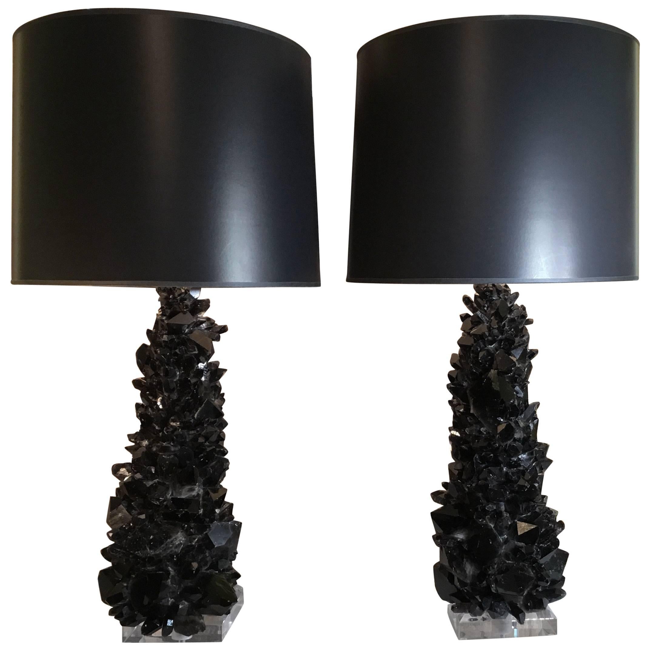 Pair of Spectacular Large Black Quartz Crystal Table Lamps