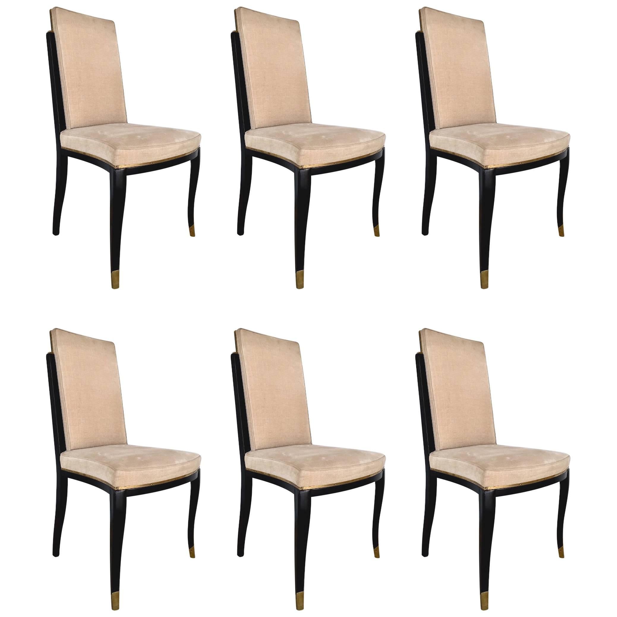 Six Maison Jansen Black Lacquer and Brass Dining Chairs For Sale