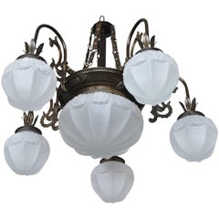 Art Nouveau Style Large Brass and Frosted Glass Seven-Light Chandelier 8