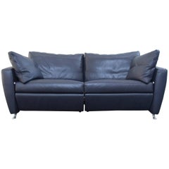 Fsm Designer Sofa Leather Blue Two-Seat Couch Relax Function Modern