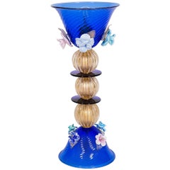 Lámpara italiana de sobremesa en cristal de Murano azul y oro de 24 quilates, años 80