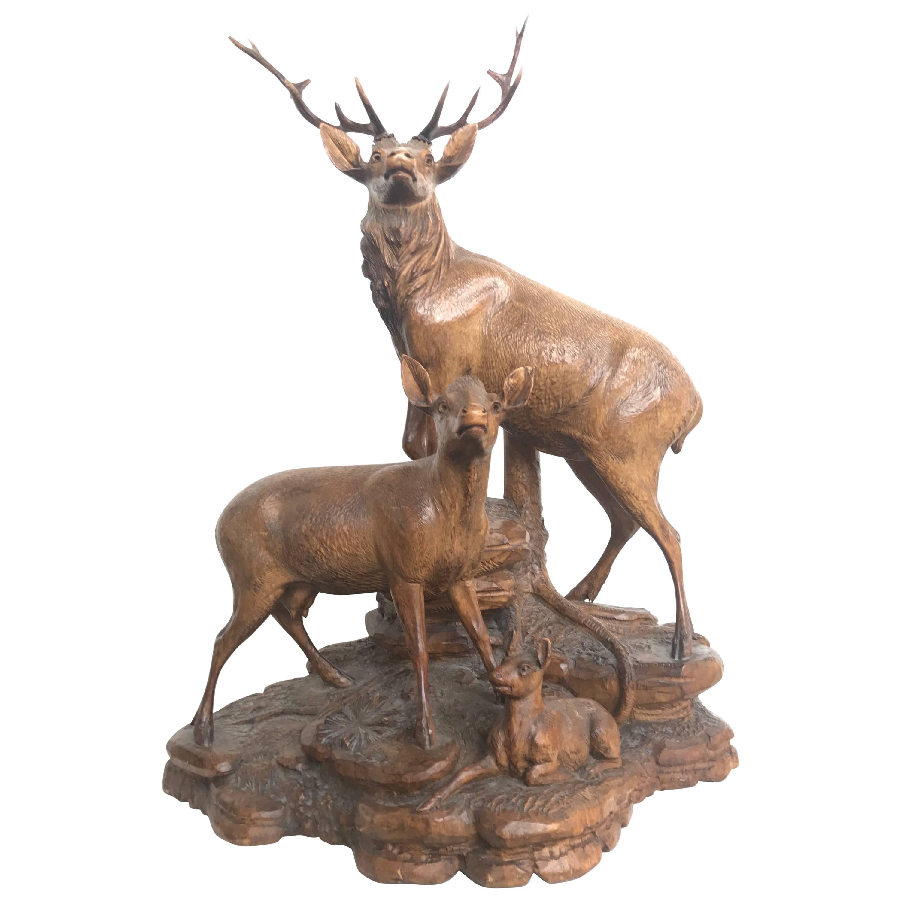Antique and Large Hand-Carved Black Forest Walnut Deer Family Sculpture Statue