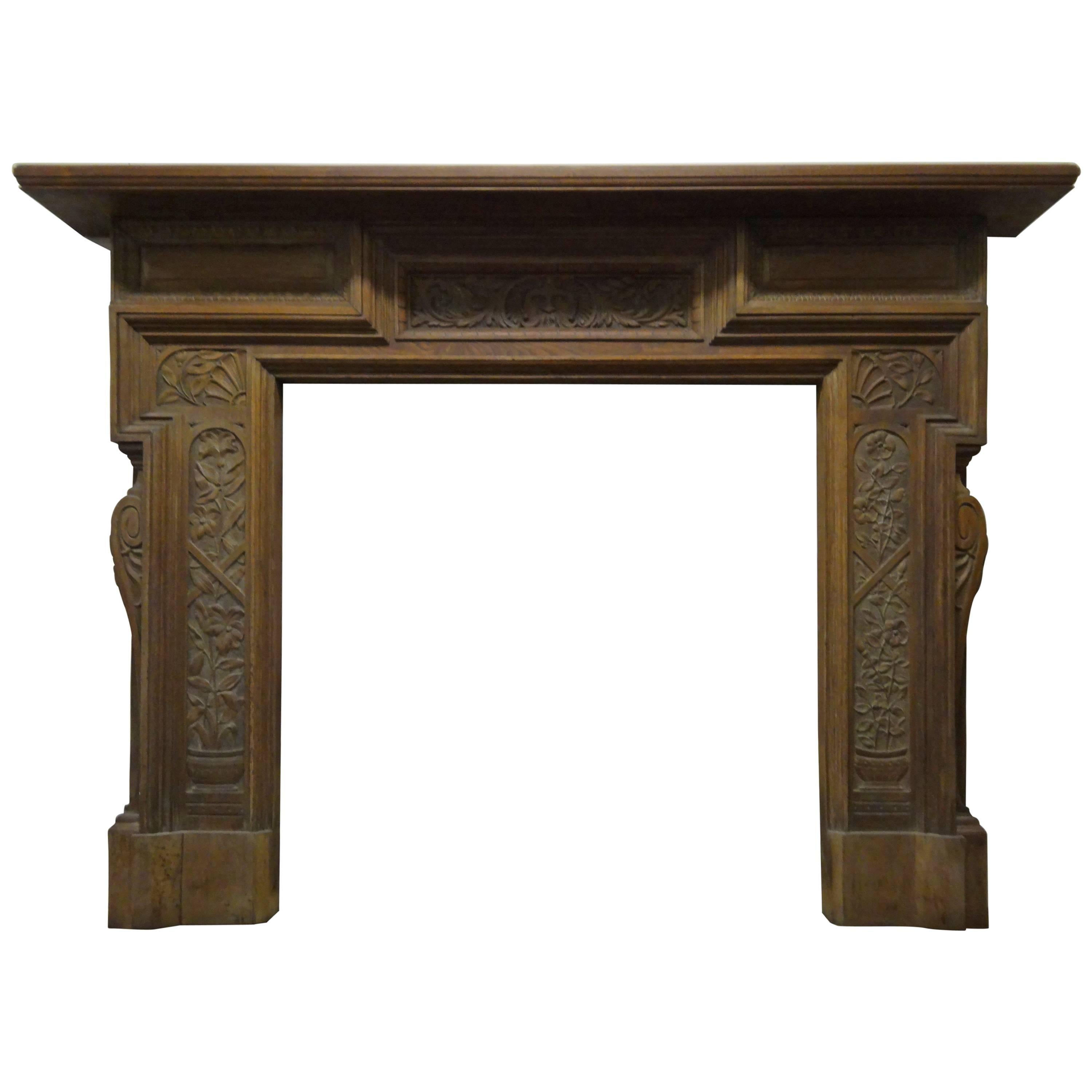 19th Century Victorian Stripped Walnut Fire Surround with Carved Sun God For Sale