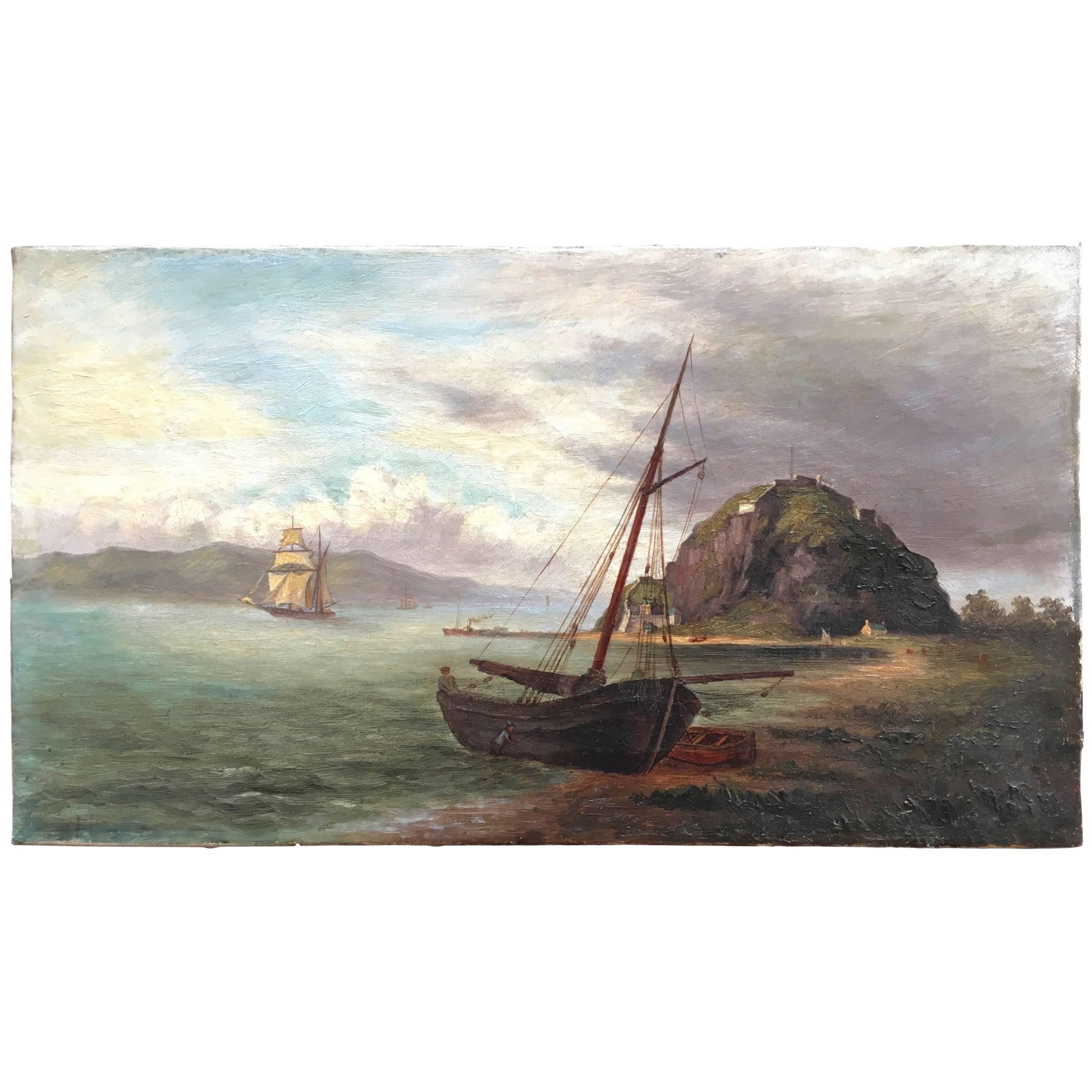 Colonial Oil Painting, Fort with Steamship, Early Victorian