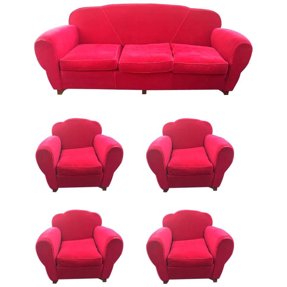 Art Deco Lounge Suite, circa 1940, Three-Seat Sofa and Four Armchairs For Sale