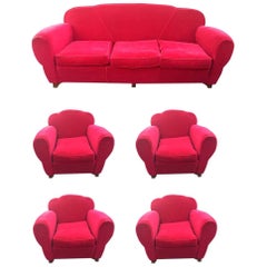 Vintage Art Deco Lounge Suite, circa 1940, Three-Seat Sofa and Four Armchairs
